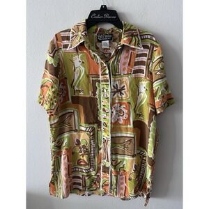 Vintage Bob Mackie Short Sleeve Button Up Blouse Size XS Silk Tropical Bird